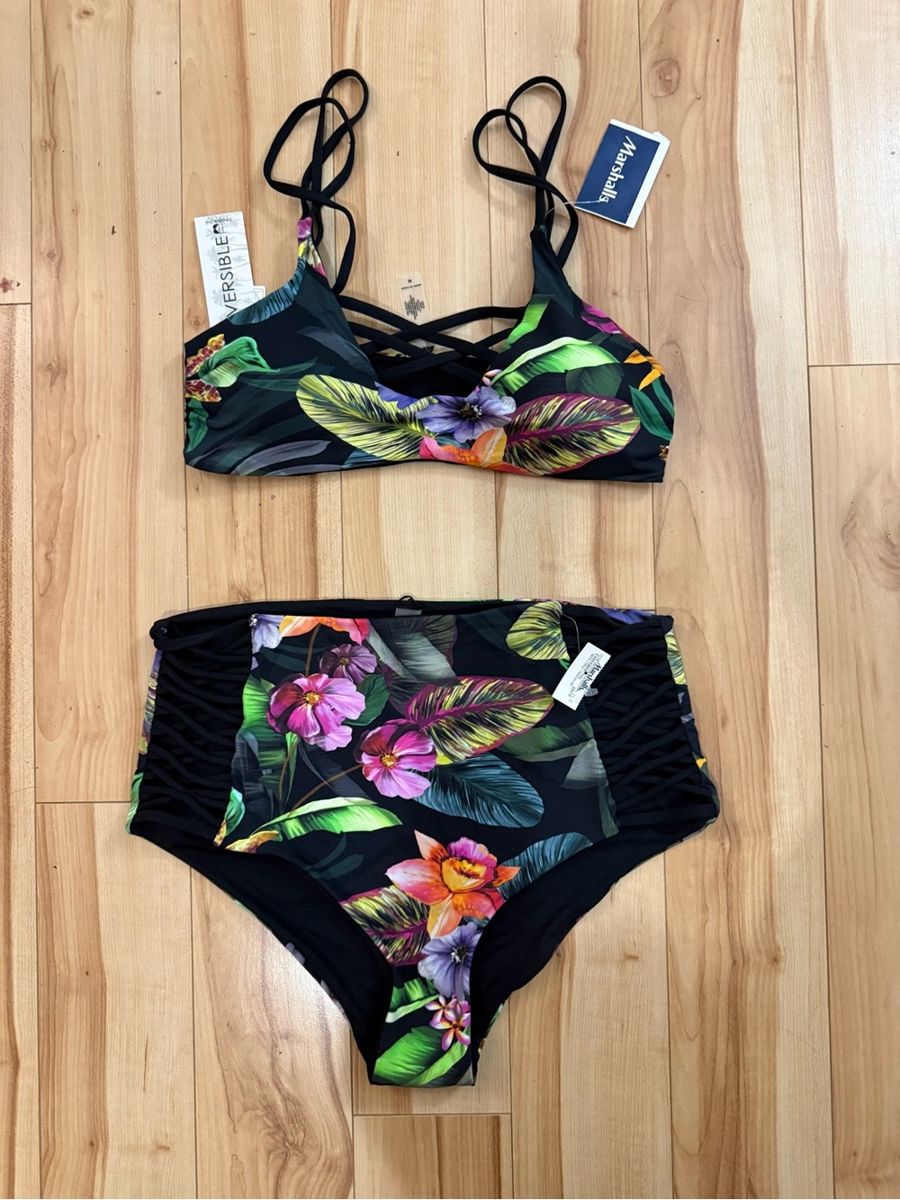 TiniBikini Reversible Black High-Waist Floral Bikini with Pink & Orange Blooms